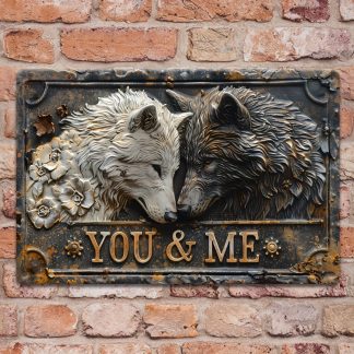 Vintage Wolf Couple Metal Sign 12"x8" - Weather Resistant Aluminum Wall Decor with Romantic "You and Me" Graphic for Home, Garage, Porch, Cafe, Man Cave, and Gift for Dog Lovers, Valentine's Day, Weddings - 2D Printing Layout