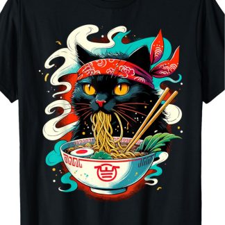 Cat Ramen Japanese Animation Cute Cat T-shirt, Men's Fashion Trend Cotton Round Neck Casual Letter Printed T-shirt, Soft Touch T-shirt